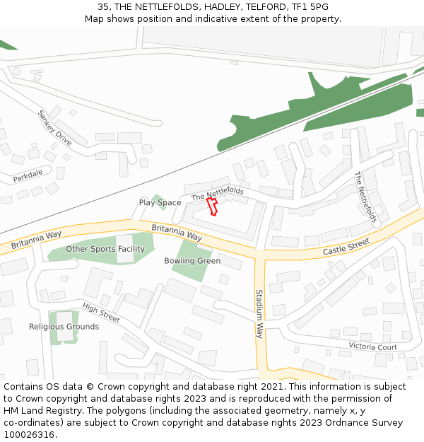 35, THE NETTLEFOLDS, HADLEY, TELFORD, TF1 5PG: Location map and indicative extent of plot