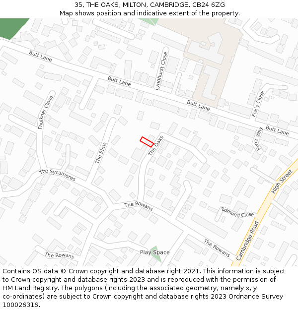 35, THE OAKS, MILTON, CAMBRIDGE, CB24 6ZG: Location map and indicative extent of plot