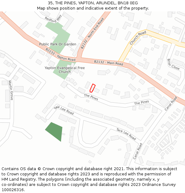 35, THE PINES, YAPTON, ARUNDEL, BN18 0EG: Location map and indicative extent of plot