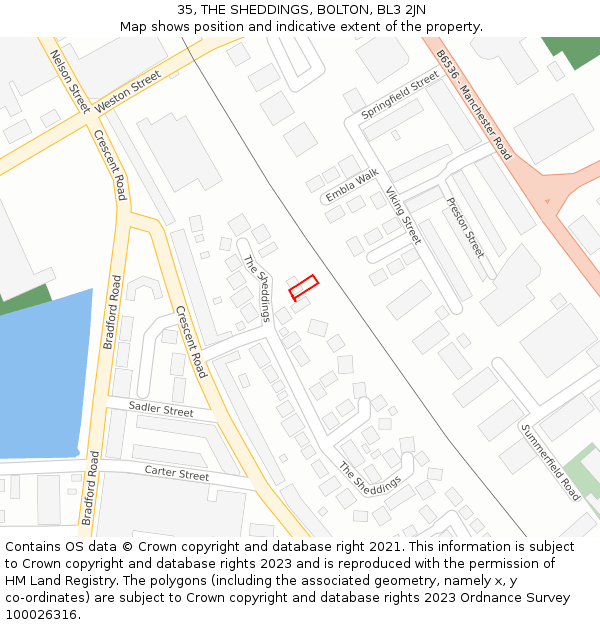 35, THE SHEDDINGS, BOLTON, BL3 2JN: Location map and indicative extent of plot