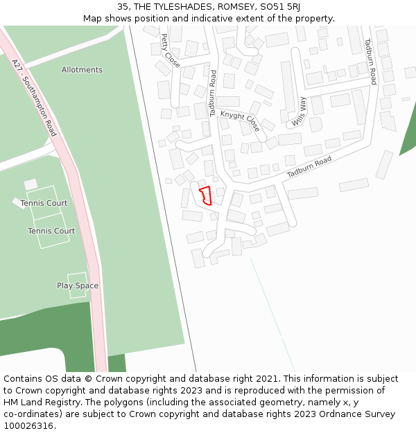 35, THE TYLESHADES, ROMSEY, SO51 5RJ: Location map and indicative extent of plot