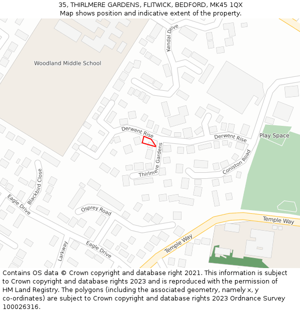 35, THIRLMERE GARDENS, FLITWICK, BEDFORD, MK45 1QX: Location map and indicative extent of plot