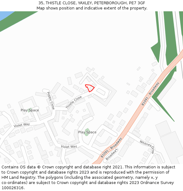 35, THISTLE CLOSE, YAXLEY, PETERBOROUGH, PE7 3GF: Location map and indicative extent of plot