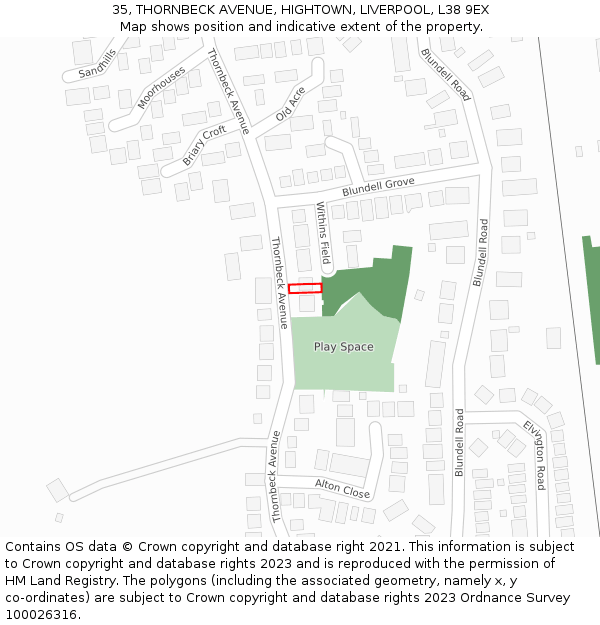 35, THORNBECK AVENUE, HIGHTOWN, LIVERPOOL, L38 9EX: Location map and indicative extent of plot