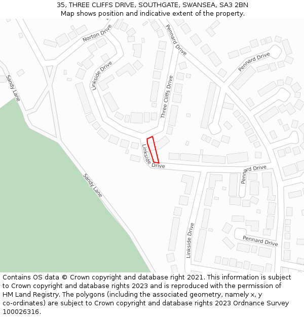 35, THREE CLIFFS DRIVE, SOUTHGATE, SWANSEA, SA3 2BN: Location map and indicative extent of plot