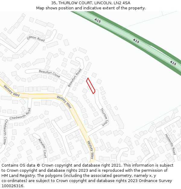 35, THURLOW COURT, LINCOLN, LN2 4SA: Location map and indicative extent of plot