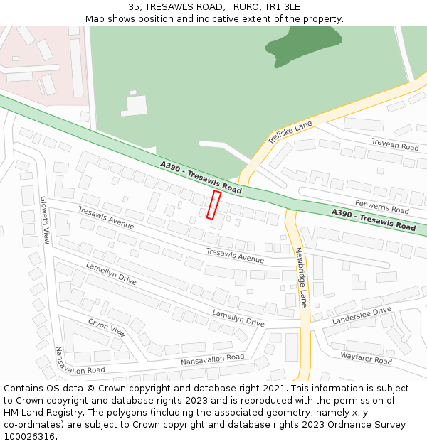 35, TRESAWLS ROAD, TRURO, TR1 3LE: Location map and indicative extent of plot