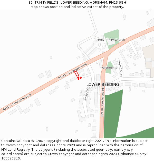 35, TRINITY FIELDS, LOWER BEEDING, HORSHAM, RH13 6GH: Location map and indicative extent of plot