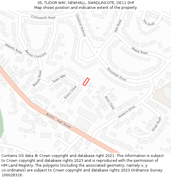 35, TUDOR WAY, NEWHALL, SWADLINCOTE, DE11 0HF: Location map and indicative extent of plot