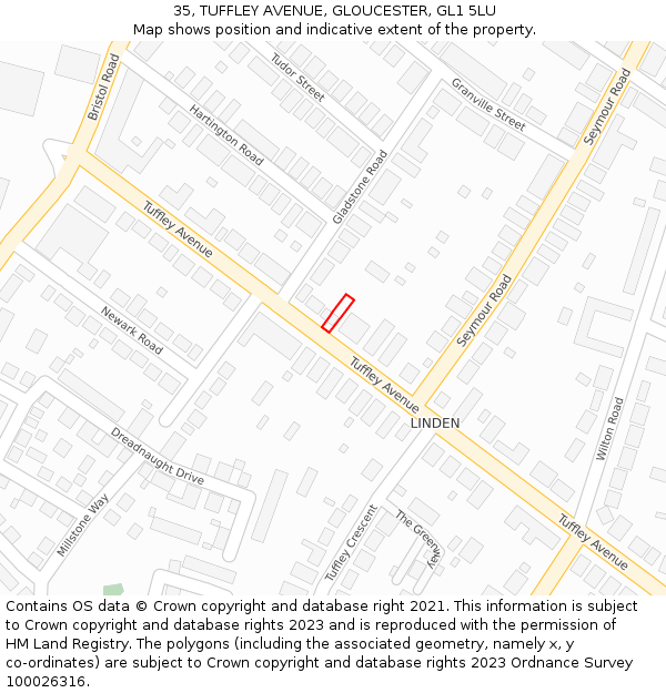 35, TUFFLEY AVENUE, GLOUCESTER, GL1 5LU: Location map and indicative extent of plot