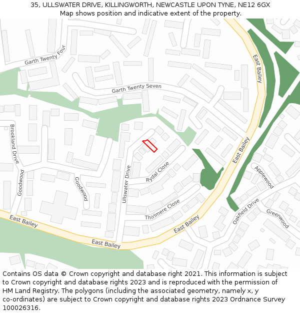 35, ULLSWATER DRIVE, KILLINGWORTH, NEWCASTLE UPON TYNE, NE12 6GX: Location map and indicative extent of plot