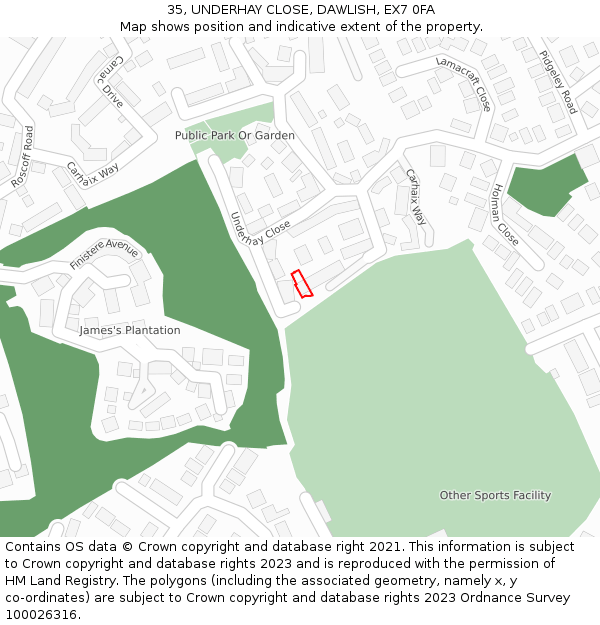 35, UNDERHAY CLOSE, DAWLISH, EX7 0FA: Location map and indicative extent of plot