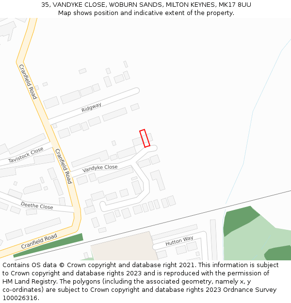 35, VANDYKE CLOSE, WOBURN SANDS, MILTON KEYNES, MK17 8UU: Location map and indicative extent of plot