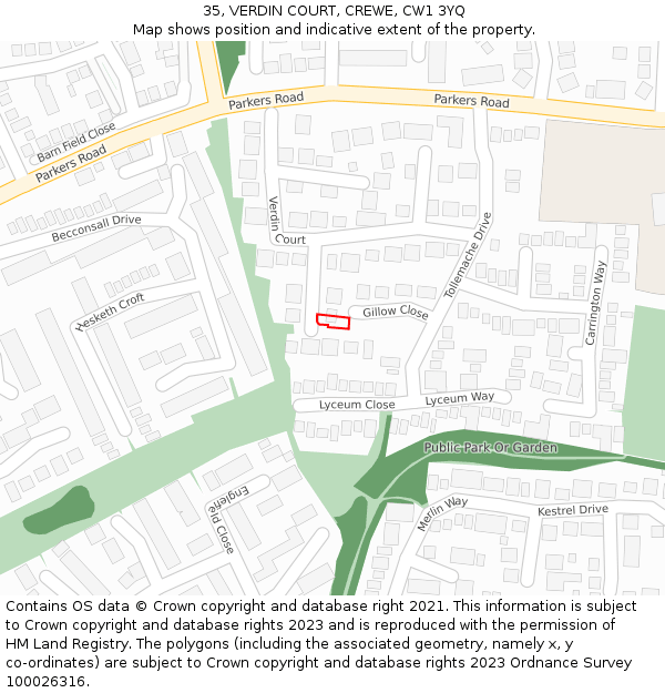 35, VERDIN COURT, CREWE, CW1 3YQ: Location map and indicative extent of plot