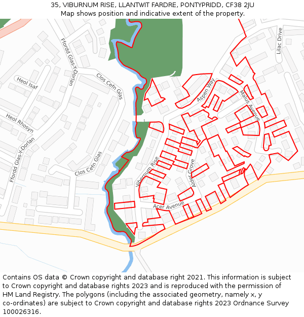 35, VIBURNUM RISE, LLANTWIT FARDRE, PONTYPRIDD, CF38 2JU: Location map and indicative extent of plot