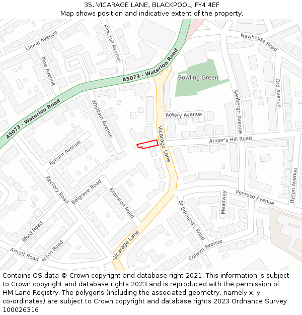 35, VICARAGE LANE, BLACKPOOL, FY4 4EF: Location map and indicative extent of plot