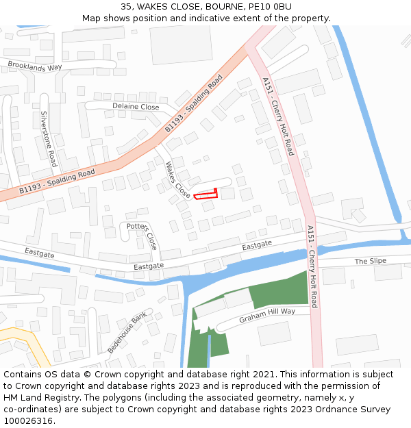 35, WAKES CLOSE, BOURNE, PE10 0BU: Location map and indicative extent of plot