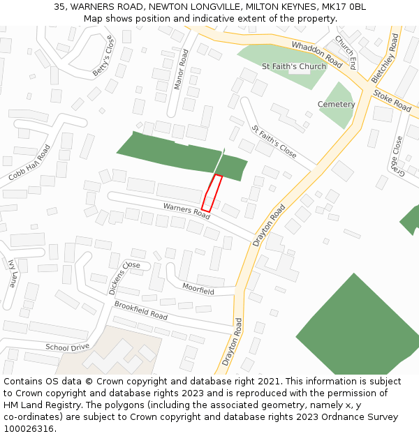 35, WARNERS ROAD, NEWTON LONGVILLE, MILTON KEYNES, MK17 0BL: Location map and indicative extent of plot