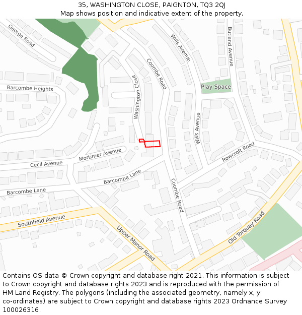 35, WASHINGTON CLOSE, PAIGNTON, TQ3 2QJ: Location map and indicative extent of plot