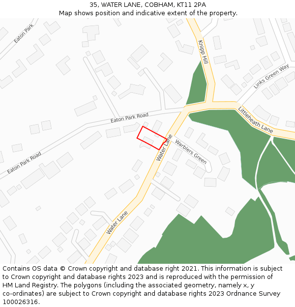 35, WATER LANE, COBHAM, KT11 2PA: Location map and indicative extent of plot