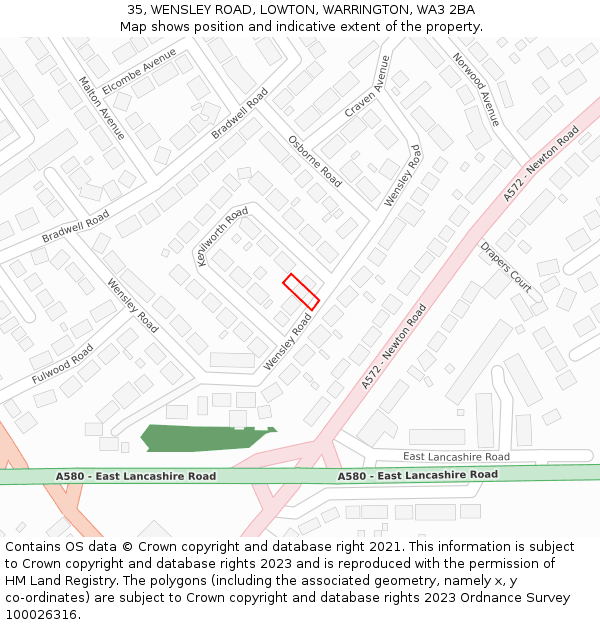 35, WENSLEY ROAD, LOWTON, WARRINGTON, WA3 2BA: Location map and indicative extent of plot