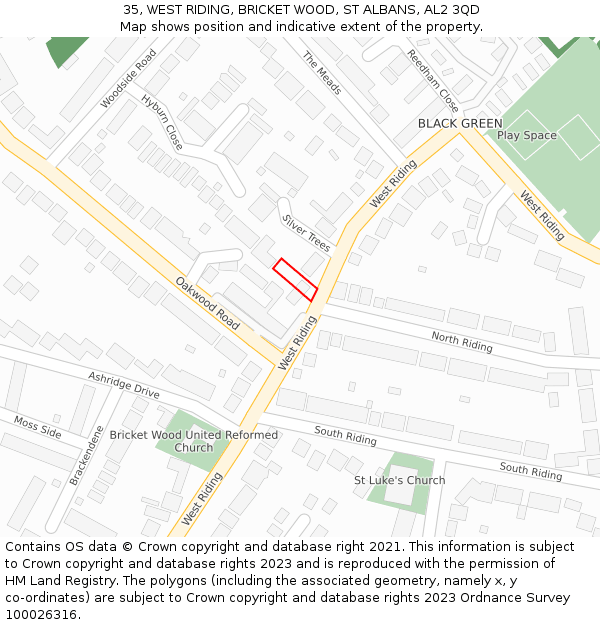 35, WEST RIDING, BRICKET WOOD, ST ALBANS, AL2 3QD: Location map and indicative extent of plot