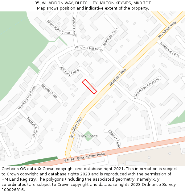 35, WHADDON WAY, BLETCHLEY, MILTON KEYNES, MK3 7DT: Location map and indicative extent of plot