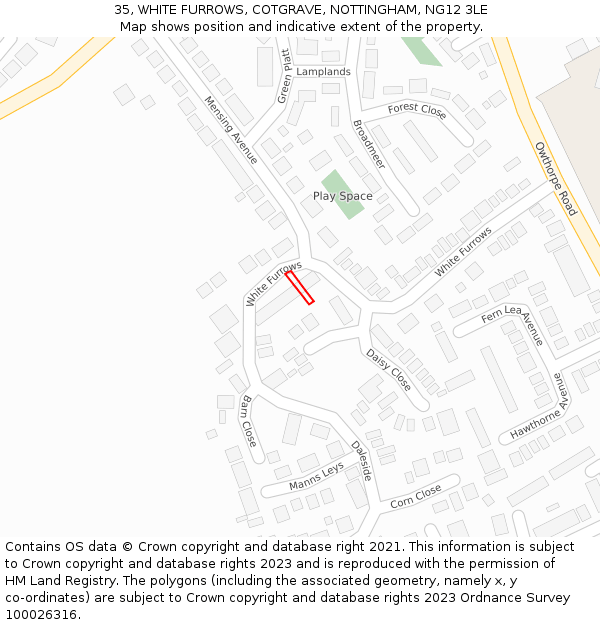 35, WHITE FURROWS, COTGRAVE, NOTTINGHAM, NG12 3LE: Location map and indicative extent of plot