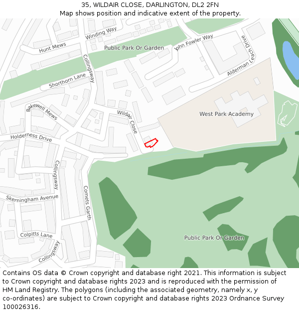 35, WILDAIR CLOSE, DARLINGTON, DL2 2FN: Location map and indicative extent of plot