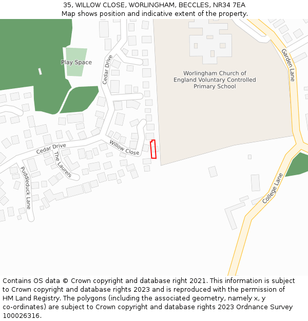 35, WILLOW CLOSE, WORLINGHAM, BECCLES, NR34 7EA: Location map and indicative extent of plot