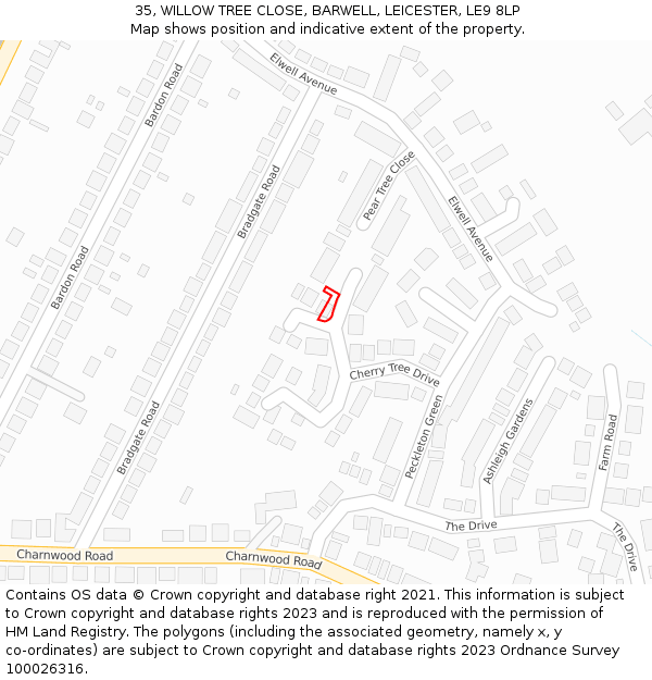 35, WILLOW TREE CLOSE, BARWELL, LEICESTER, LE9 8LP: Location map and indicative extent of plot