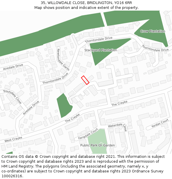 35, WILLOWDALE CLOSE, BRIDLINGTON, YO16 6RR: Location map and indicative extent of plot