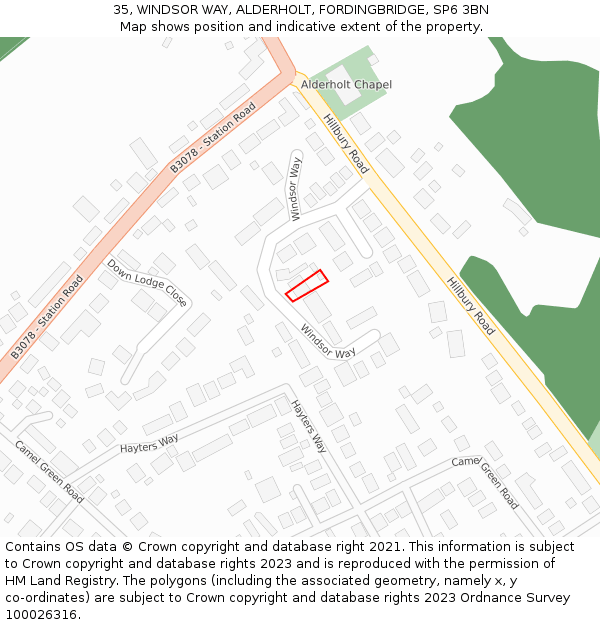 35, WINDSOR WAY, ALDERHOLT, FORDINGBRIDGE, SP6 3BN: Location map and indicative extent of plot