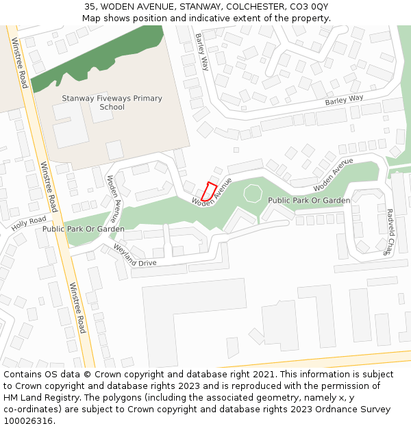 35, WODEN AVENUE, STANWAY, COLCHESTER, CO3 0QY: Location map and indicative extent of plot