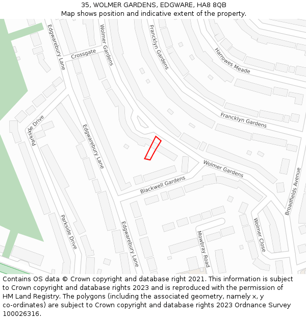 35, WOLMER GARDENS, EDGWARE, HA8 8QB: Location map and indicative extent of plot