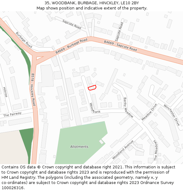 35, WOODBANK, BURBAGE, HINCKLEY, LE10 2BY: Location map and indicative extent of plot