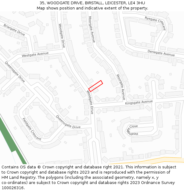 35, WOODGATE DRIVE, BIRSTALL, LEICESTER, LE4 3HU: Location map and indicative extent of plot