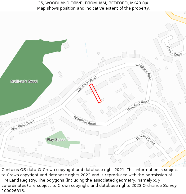 35, WOODLAND DRIVE, BROMHAM, BEDFORD, MK43 8JX: Location map and indicative extent of plot