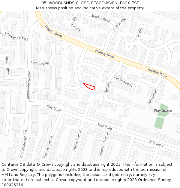 35, WOODLANDS CLOSE, PEACEHAVEN, BN10 7SF: Location map and indicative extent of plot