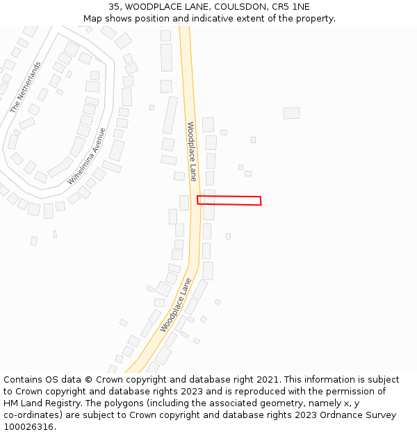 35, WOODPLACE LANE, COULSDON, CR5 1NE: Location map and indicative extent of plot