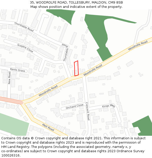 35, WOODROLFE ROAD, TOLLESBURY, MALDON, CM9 8SB: Location map and indicative extent of plot