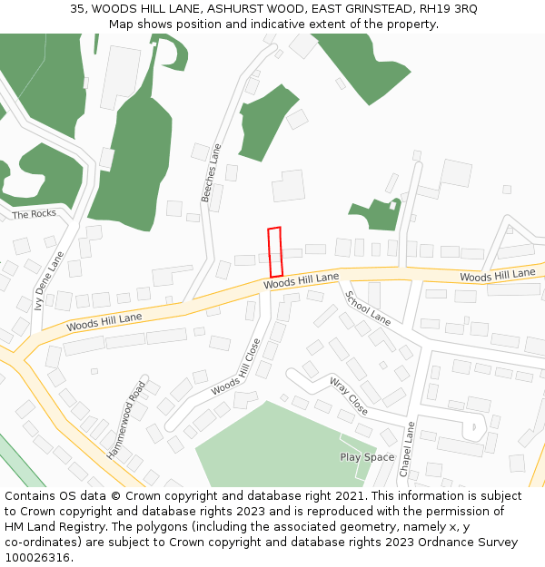 35, WOODS HILL LANE, ASHURST WOOD, EAST GRINSTEAD, RH19 3RQ: Location map and indicative extent of plot