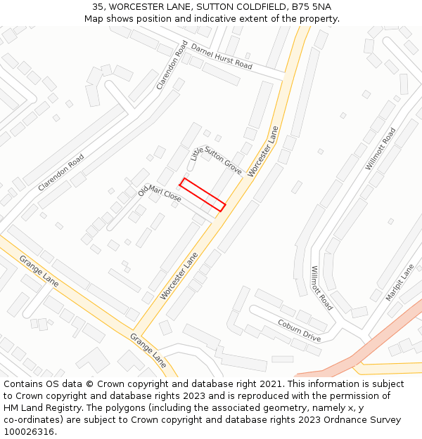 35, WORCESTER LANE, SUTTON COLDFIELD, B75 5NA: Location map and indicative extent of plot