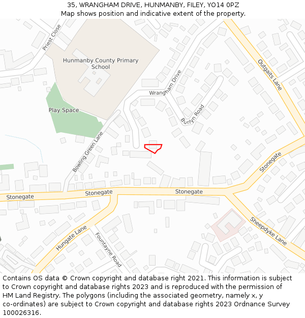 35, WRANGHAM DRIVE, HUNMANBY, FILEY, YO14 0PZ: Location map and indicative extent of plot