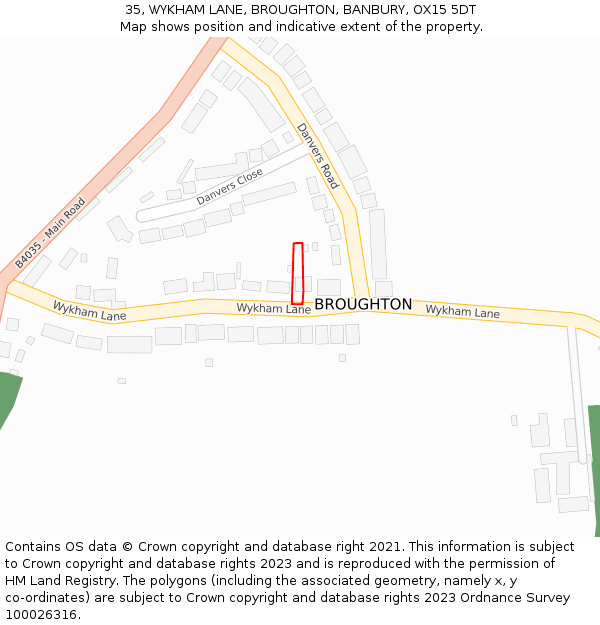 35, WYKHAM LANE, BROUGHTON, BANBURY, OX15 5DT: Location map and indicative extent of plot