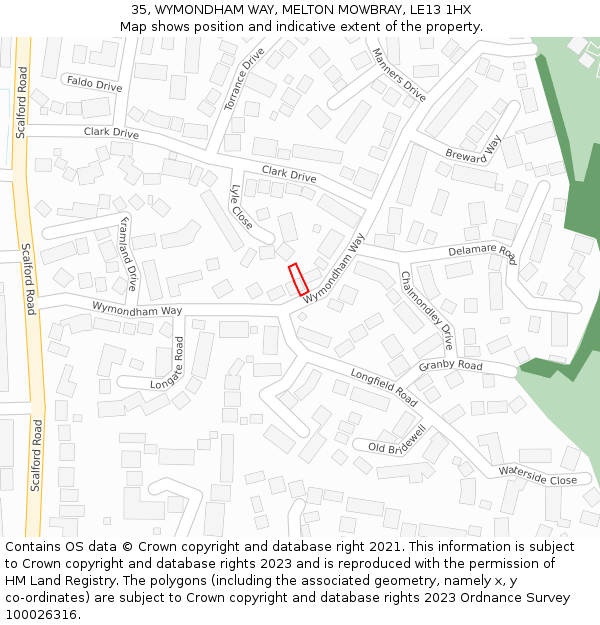 35, WYMONDHAM WAY, MELTON MOWBRAY, LE13 1HX: Location map and indicative extent of plot