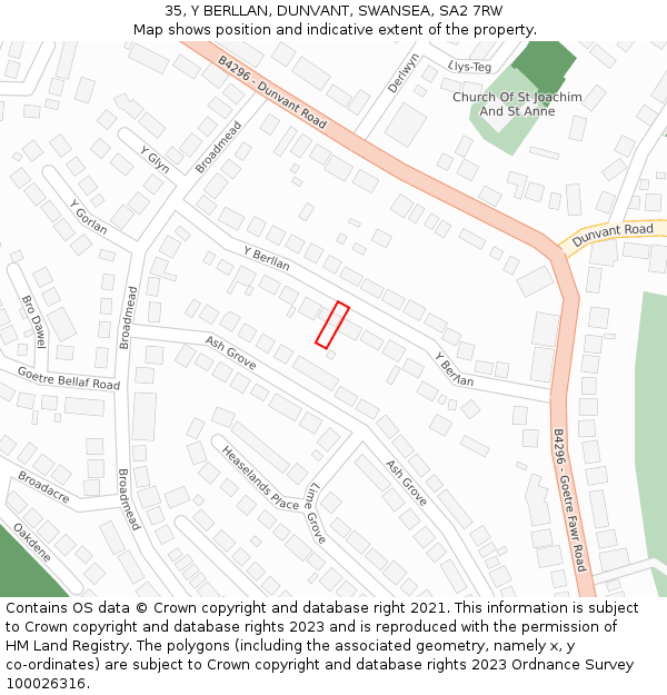 35, Y BERLLAN, DUNVANT, SWANSEA, SA2 7RW: Location map and indicative extent of plot