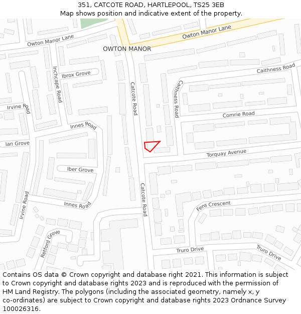 351, CATCOTE ROAD, HARTLEPOOL, TS25 3EB: Location map and indicative extent of plot