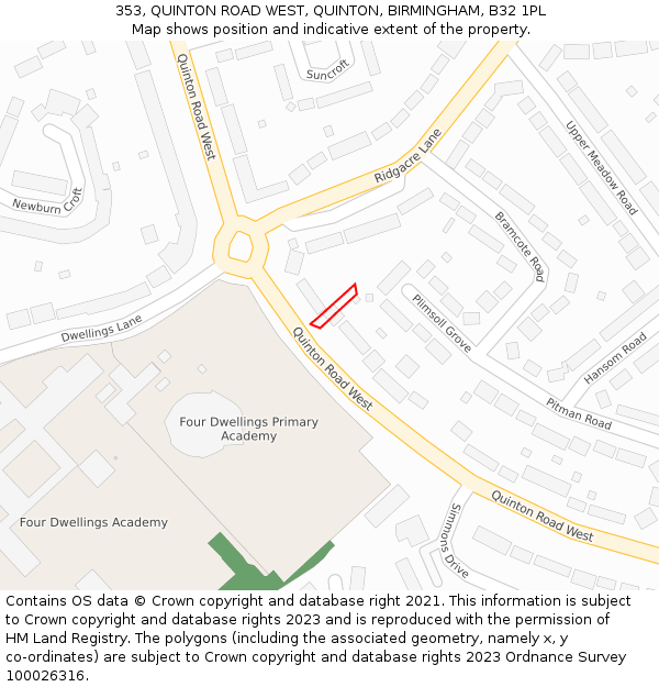 353, QUINTON ROAD WEST, QUINTON, BIRMINGHAM, B32 1PL: Location map and indicative extent of plot