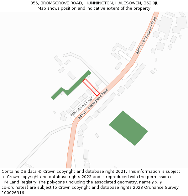 355, BROMSGROVE ROAD, HUNNINGTON, HALESOWEN, B62 0JL: Location map and indicative extent of plot